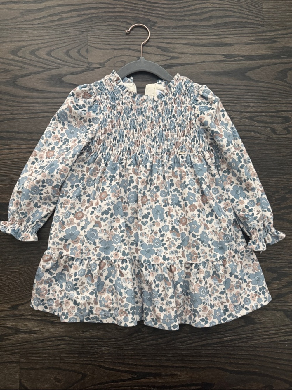 Mayoral Cream Dress with Blue and Brown Floral Smocking